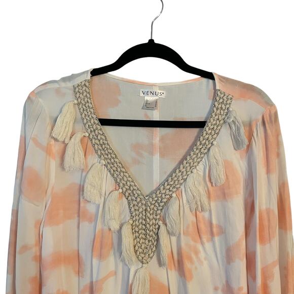 VENUS White Peach Tassel Embroidered Tunic Beach Cover Up Top Sz XL Resortwear - Picture 7 of 8